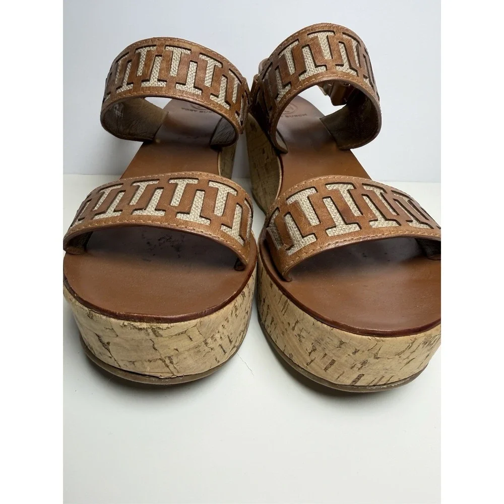 Tory Burch Regan Cork Wedge T Logo Brown Leather Sandal's Women's Size 9.5